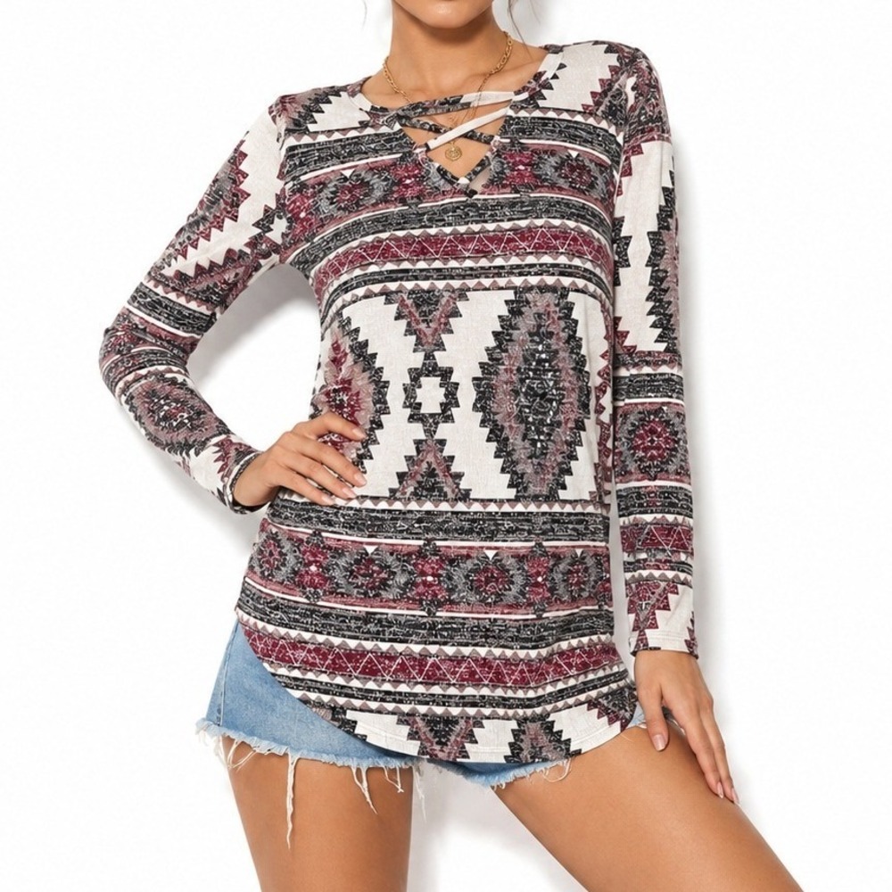 Absolutely Famous Top Womens S Multicolor Aztec Geometric Lattice Neck Festival